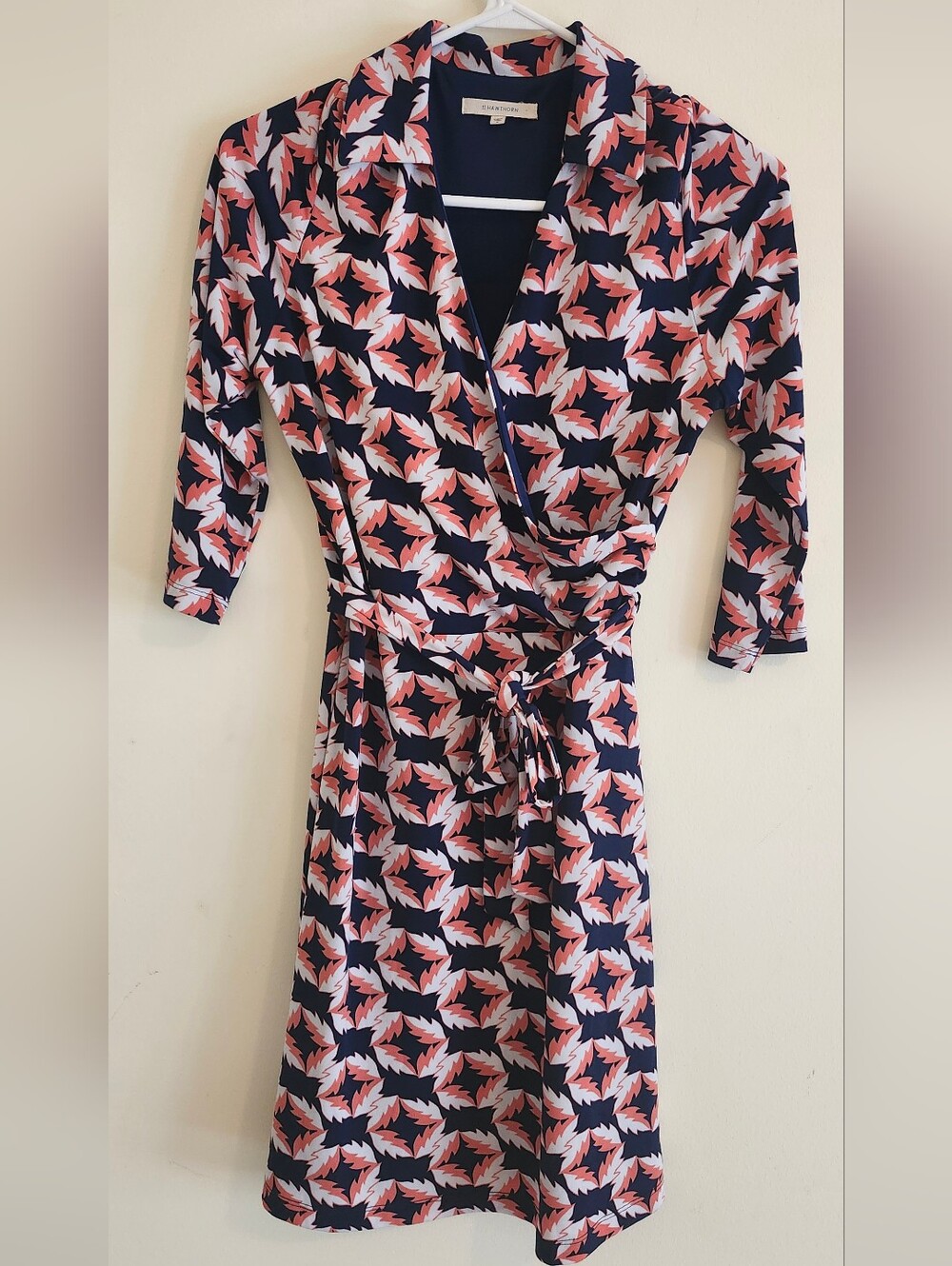 Navy Wrap Dress with Coral and White Leaf Print